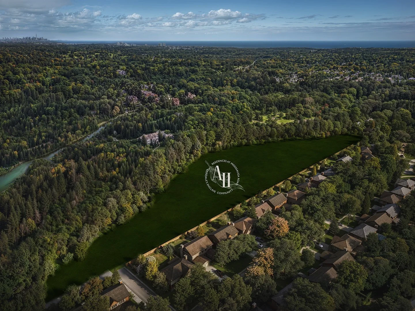 Aerial illustration of the Abacot Hill community site and surrounding trees in Mississauga