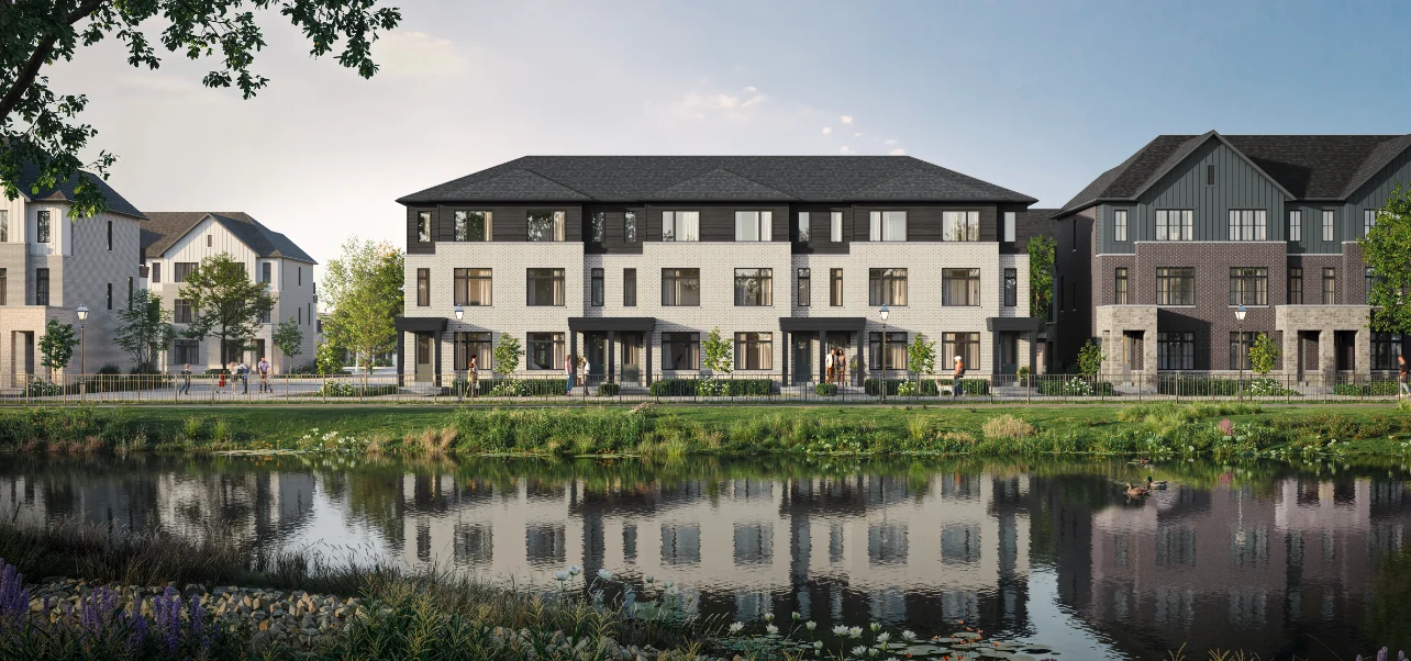 Artist’s rendering of Cornerstone townhomes beside a landscaped pond
