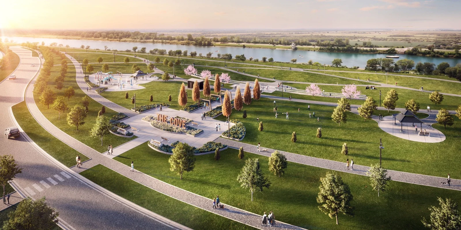 Empire Canals planned homes and parkland aerial rendering