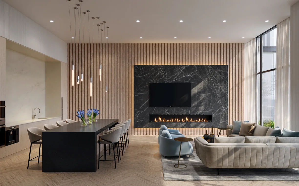 Exhale shared lounge rendering with fireplace and seating