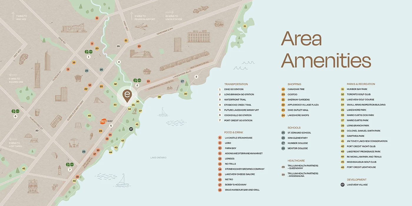 Exhale Residences amenity map showing the east Mississauga Lakeshore area