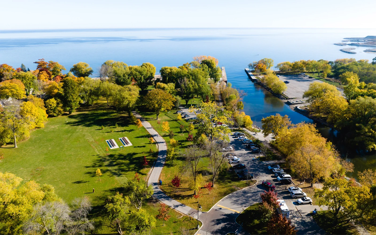 Aerial photograph of Marie Curtis Park and Lake Ontario