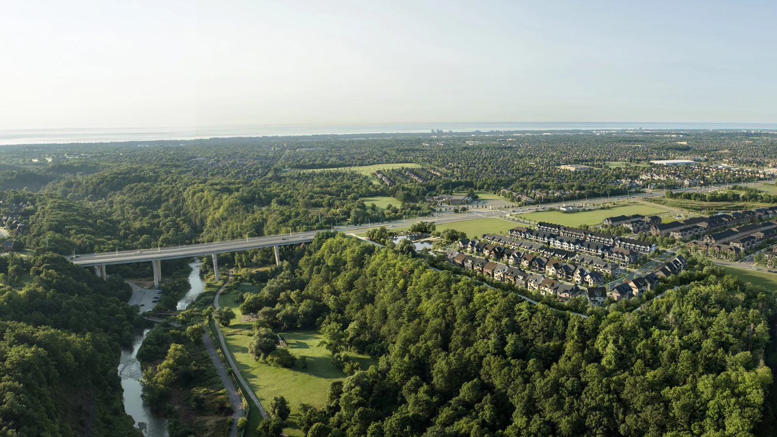 Aerial rendering of Five Oaks and the surrounding landscape