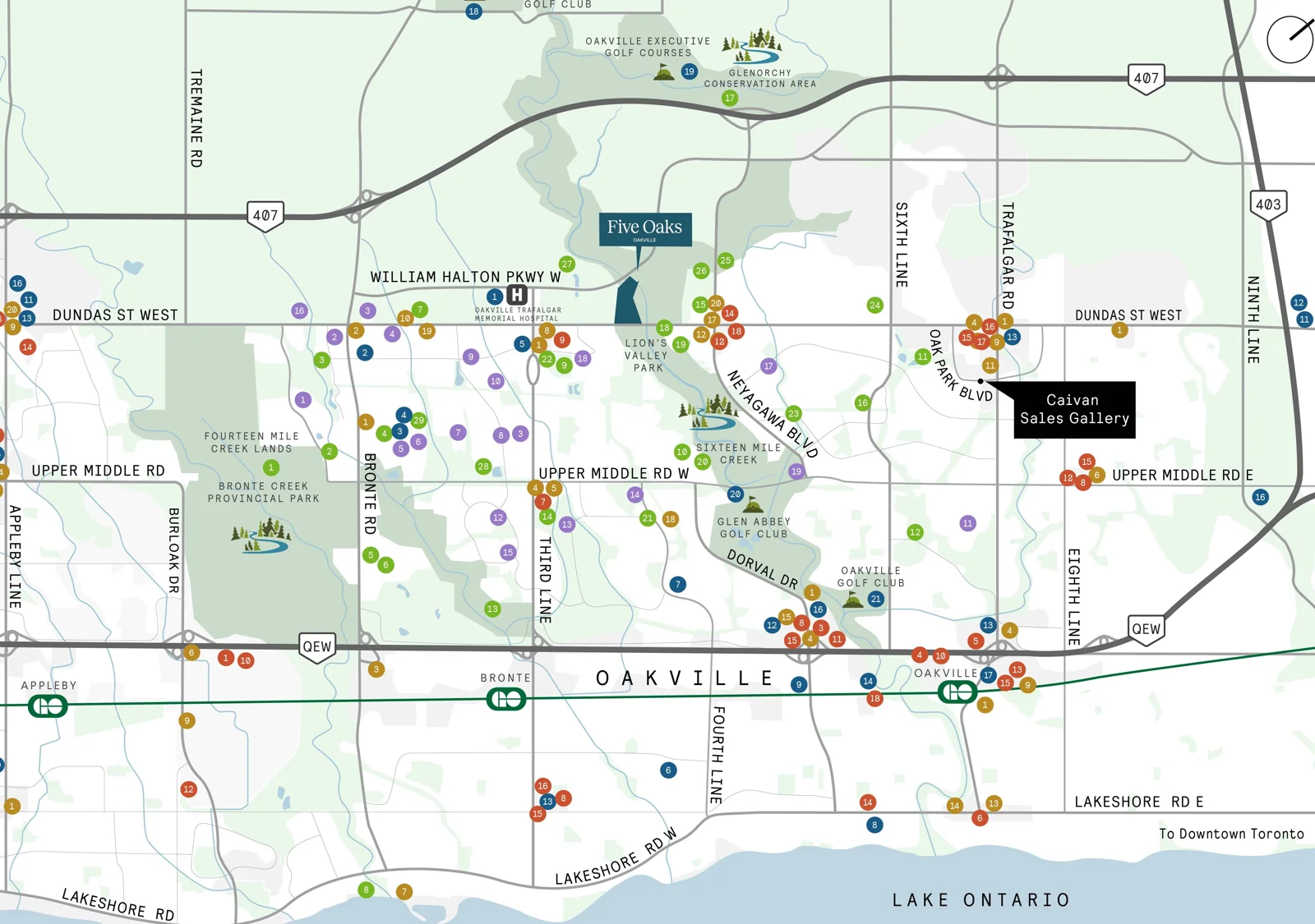 Caivan amenity map for Five Oaks in Oakville