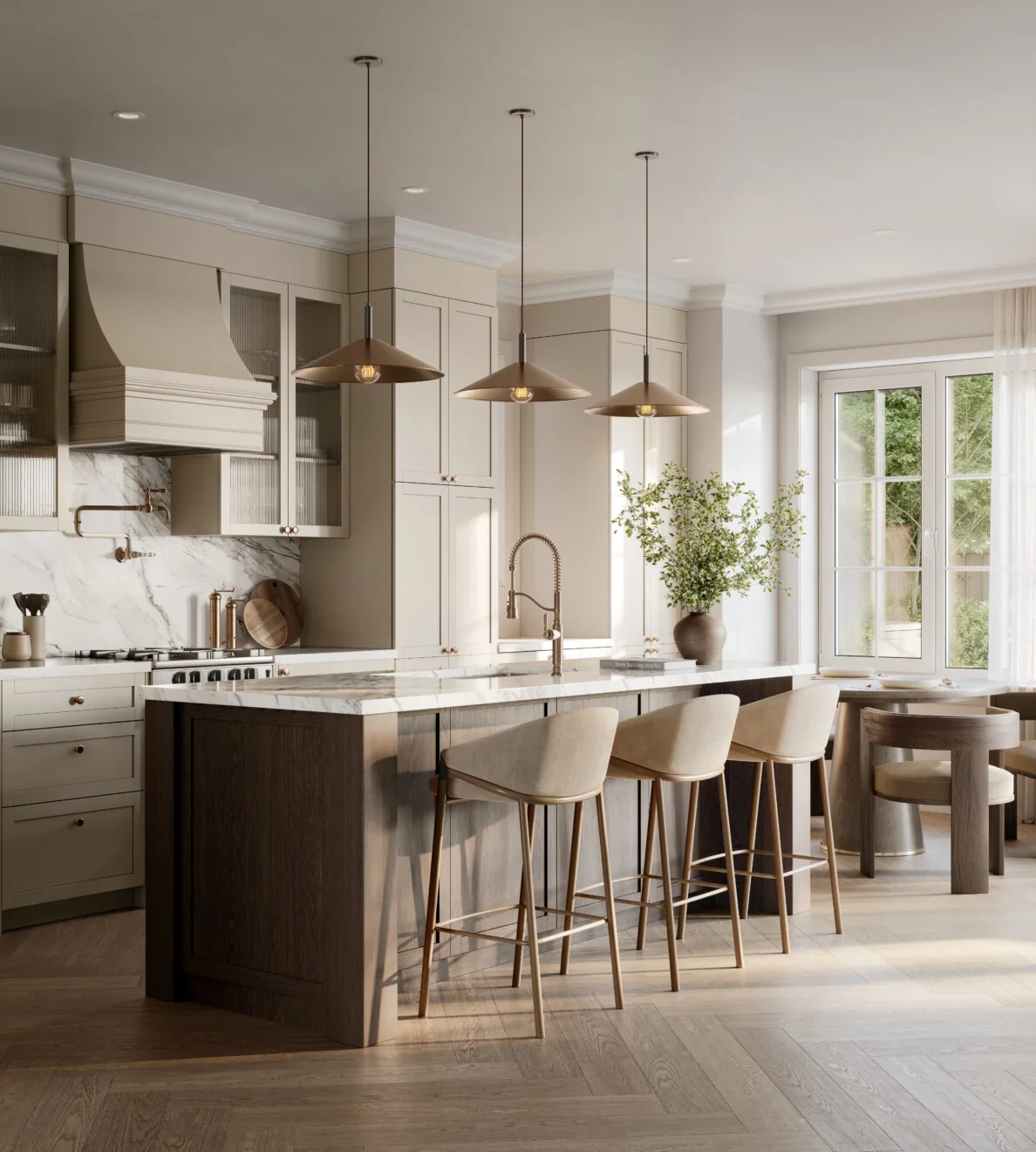 Five Oaks kitchen rendering with a central island