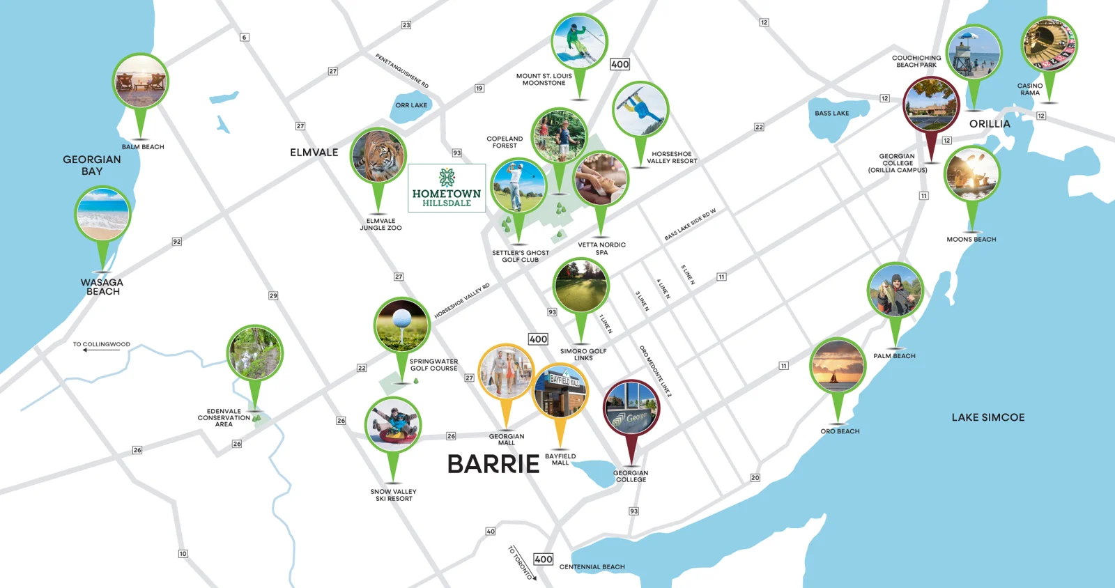 Hometown Hillsdale regional amenities map showing Hillsdale and Barrie
