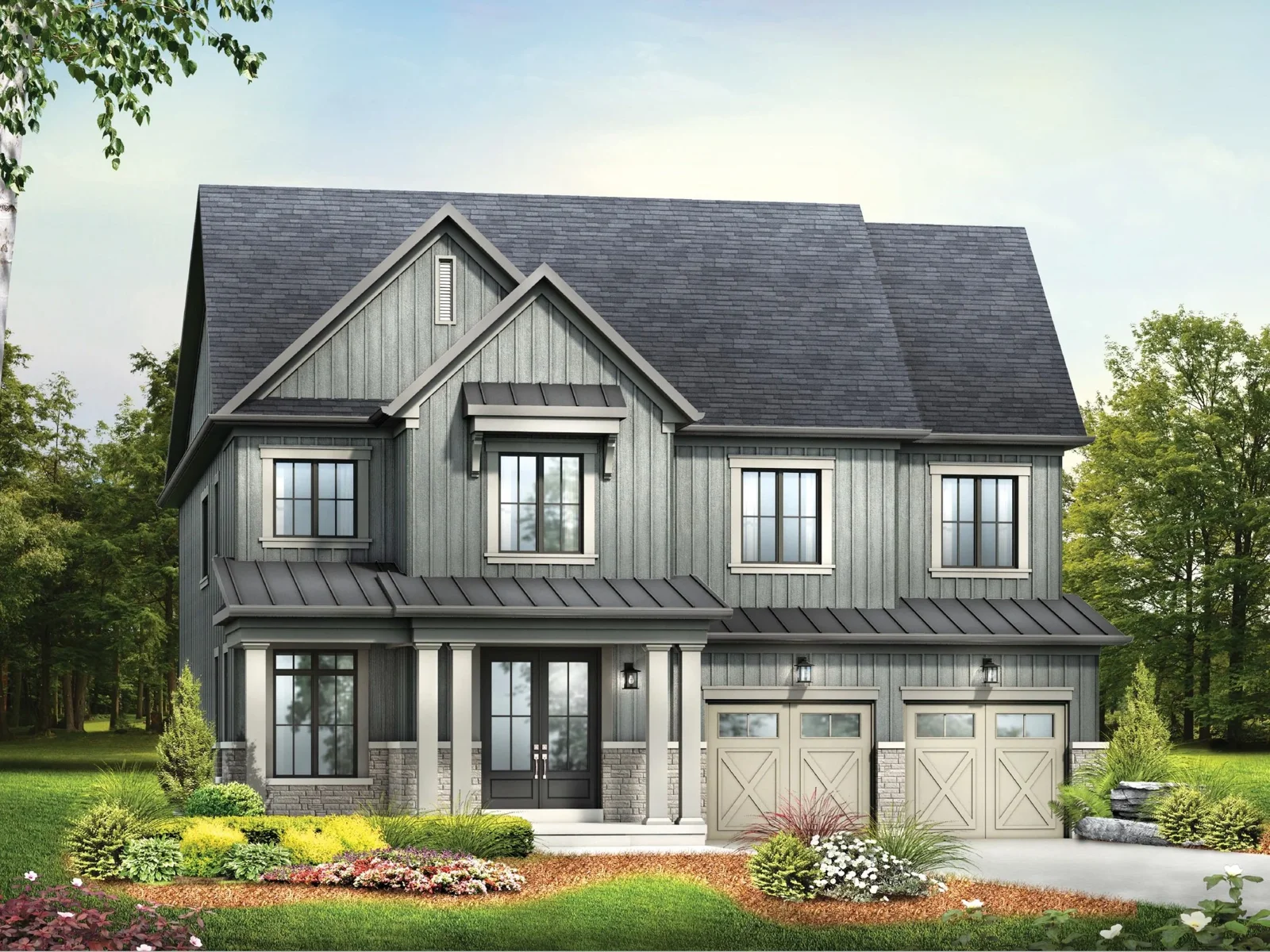 Hometown Hillsdale detached home rendering with covered porch and double garage