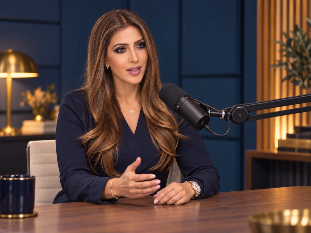 AI-created portrait of Sehr Mahmood speaking into a boom microphone in a professional podcast studio