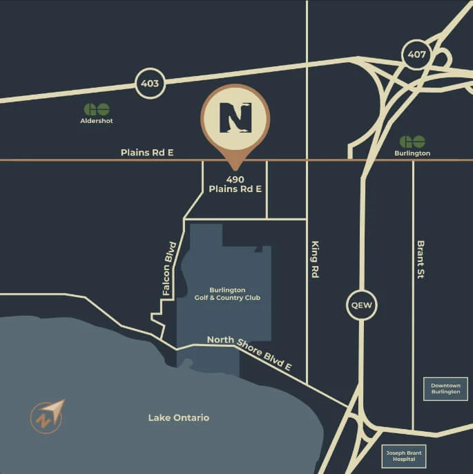 Northshore area map showing Plains Road East and Burlington regional connections