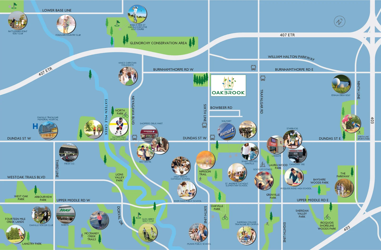 Oakbrook amenity map showing its north Oakville setting and surrounding destinations