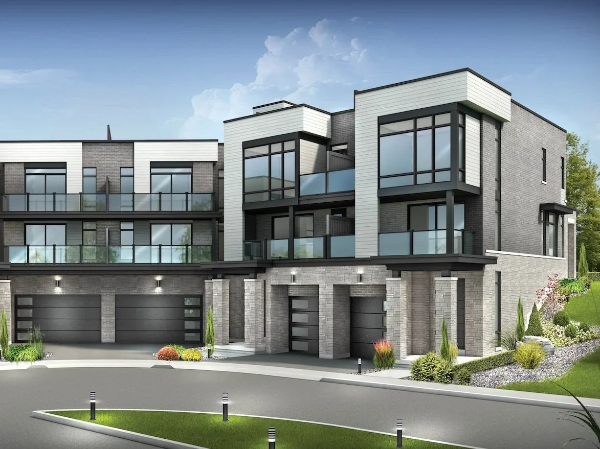 Oakbrook White Oak Collection townhome rear elevation rendering with garages and balconies