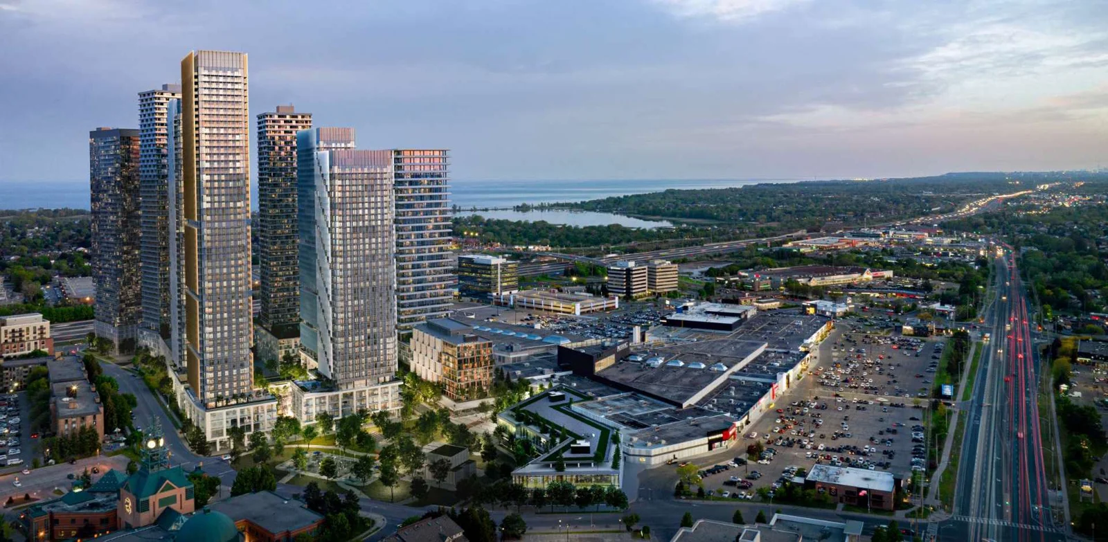 Pickering City Centre masterplan aerial rendering showing towers and shopping centre