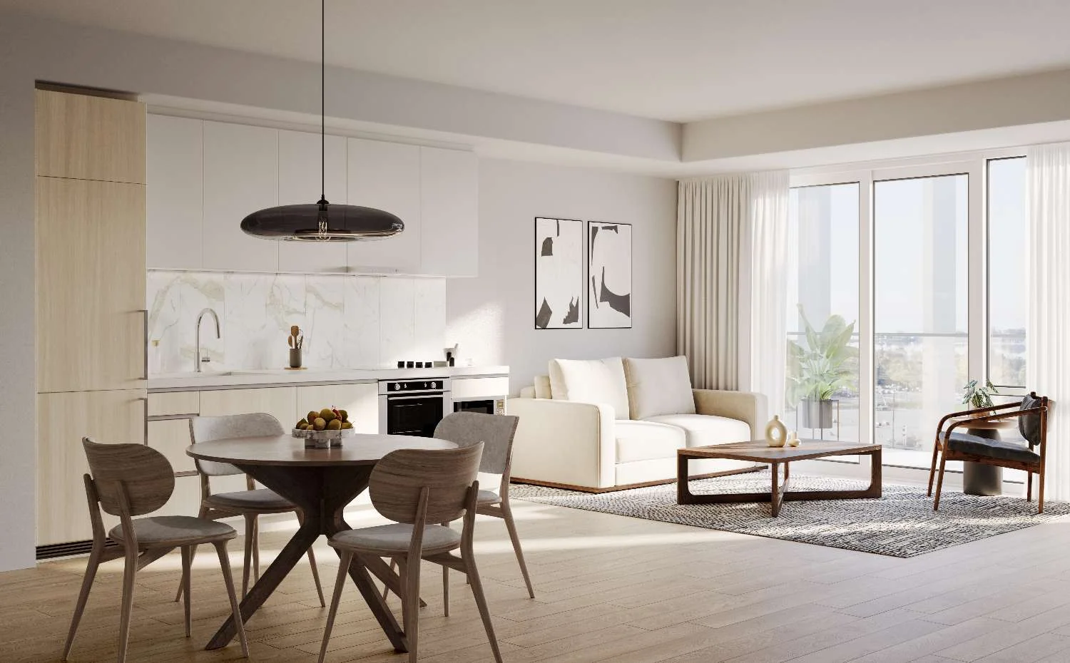 Pickering City Centre suite kitchen and living area rendering