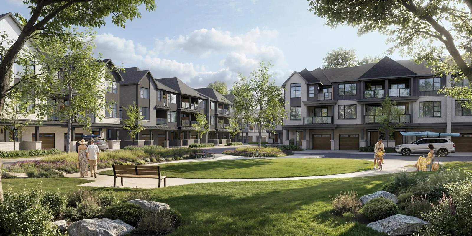 Pier House townhome community rendering with central landscaped space