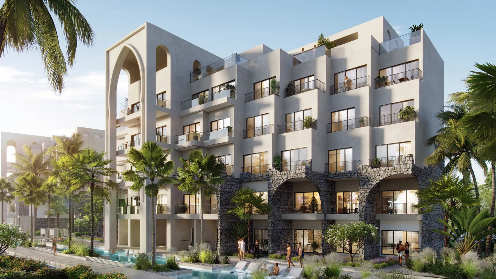 Poseidonia Residences exterior and landscaped poolside rendering