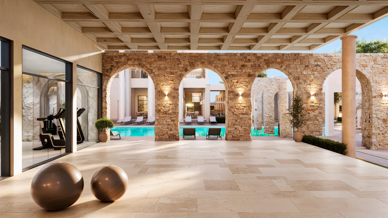 Poseidonia Residences fitness area overlooking a pool rendering