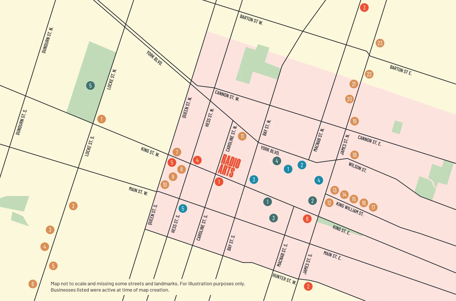 Radio Arts neighbourhood map showing downtown Hamilton streets and destinations