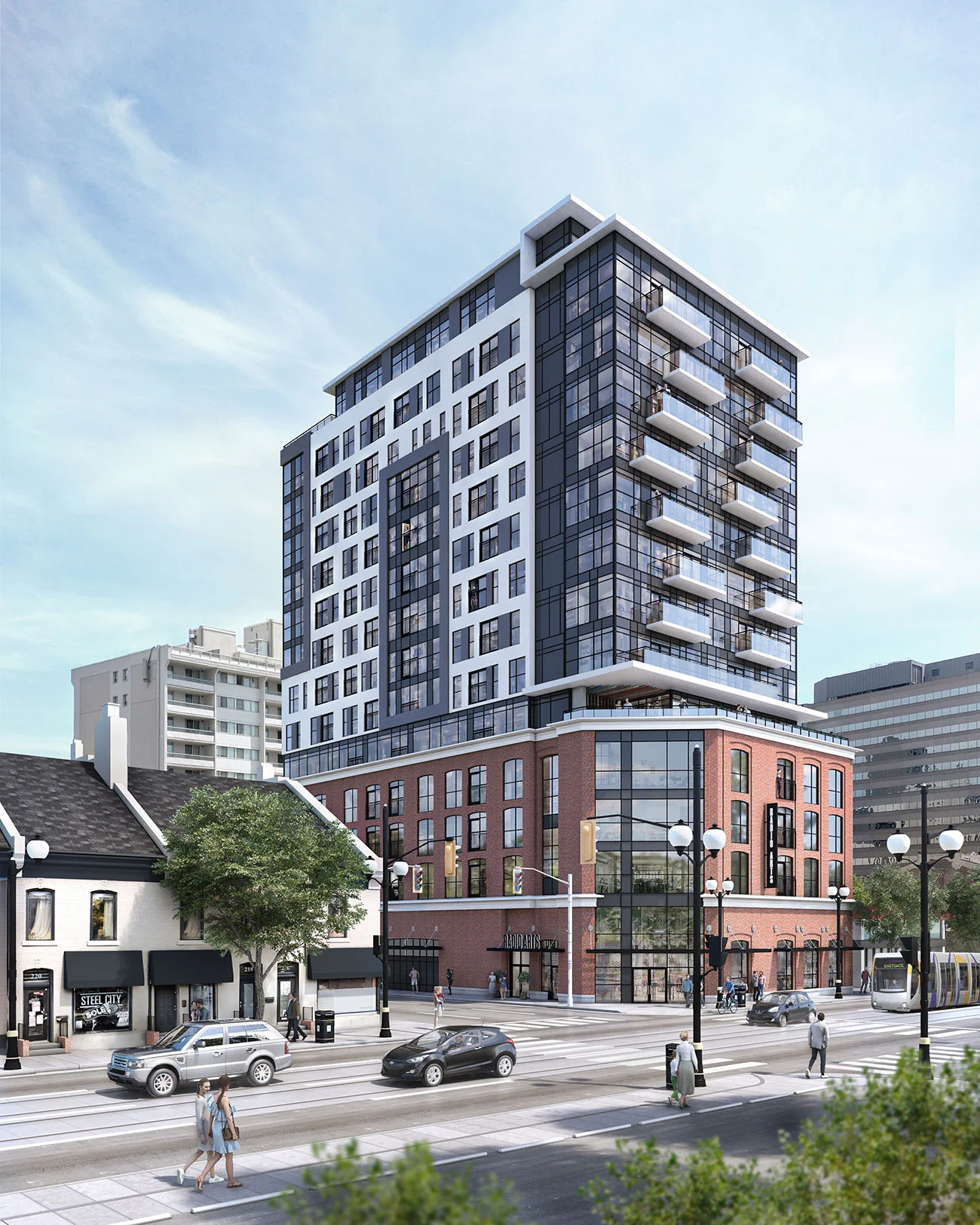 Radio Arts exterior rendering showing the brick podium and contemporary tower at King and Caroline