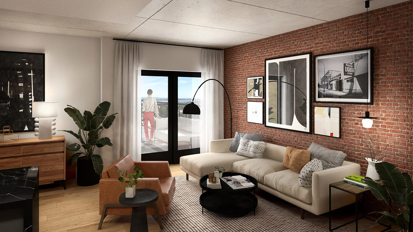 Radio Arts podium suite living area rendering with brick feature wall