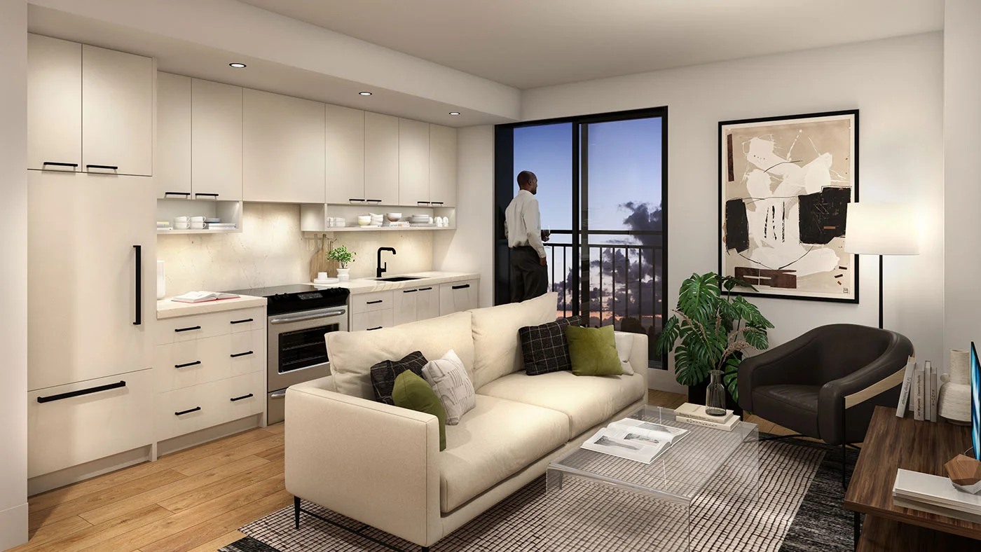 Radio Arts tower suite kitchen and living area rendering