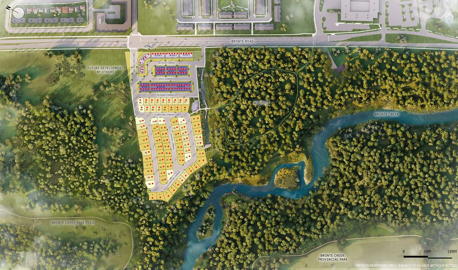 Riverview site plan showing Bronte Road, Saw Whet Boulevard and Bronte Creek