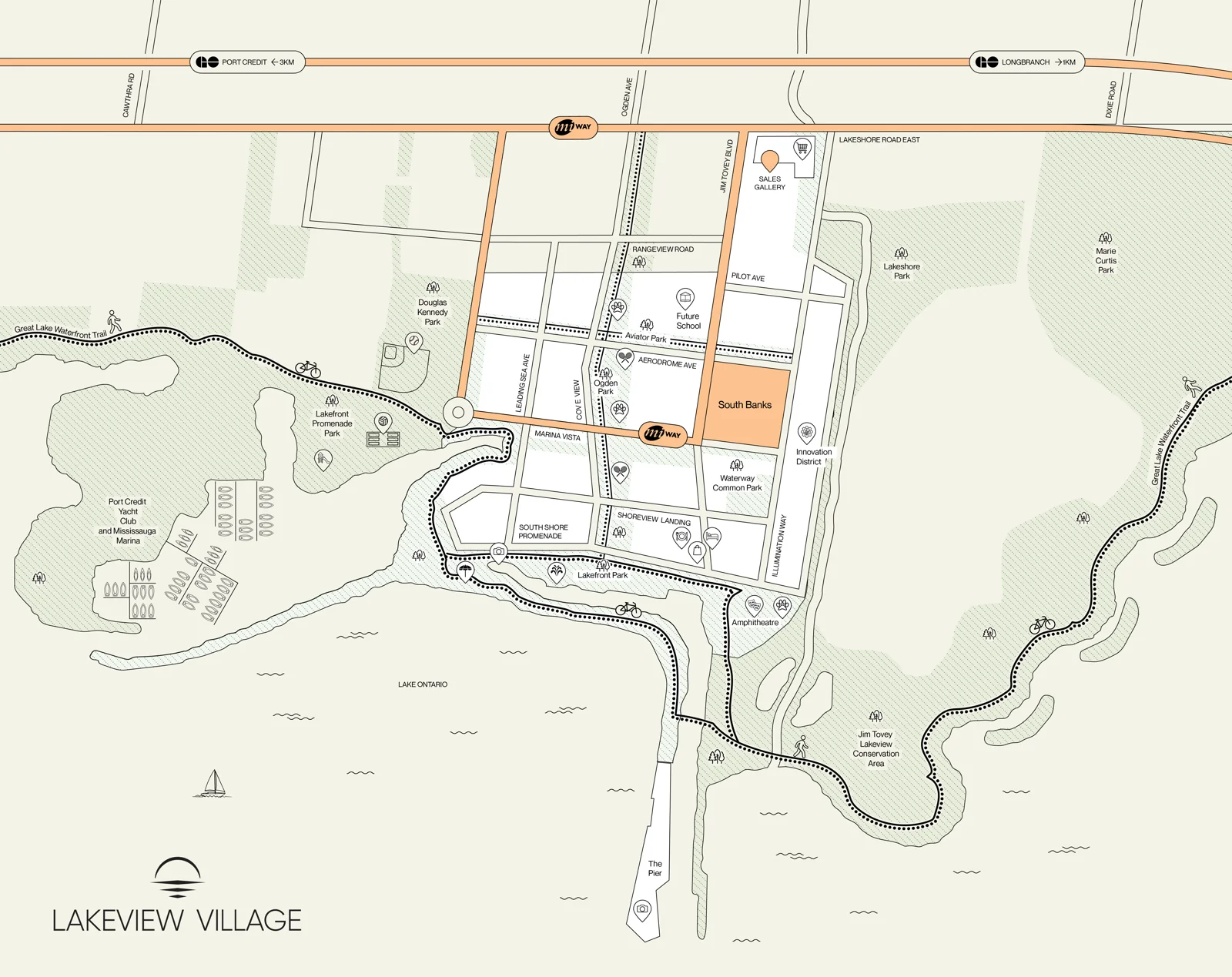 Developer community map locating South Banks within Lakeview Village