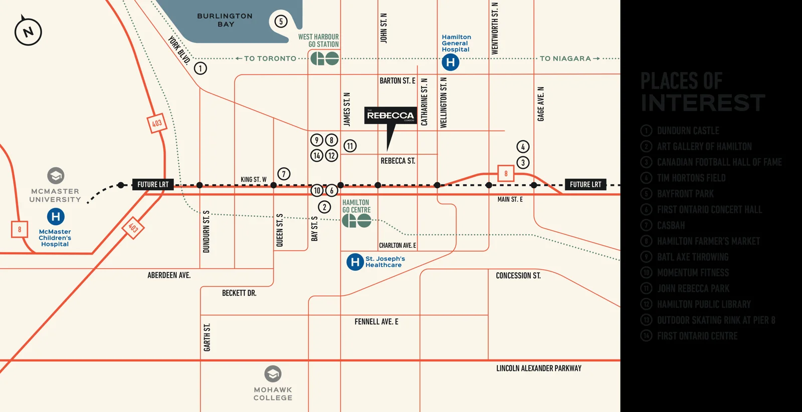 The Rebecca neighbourhood amenity map for downtown Hamilton