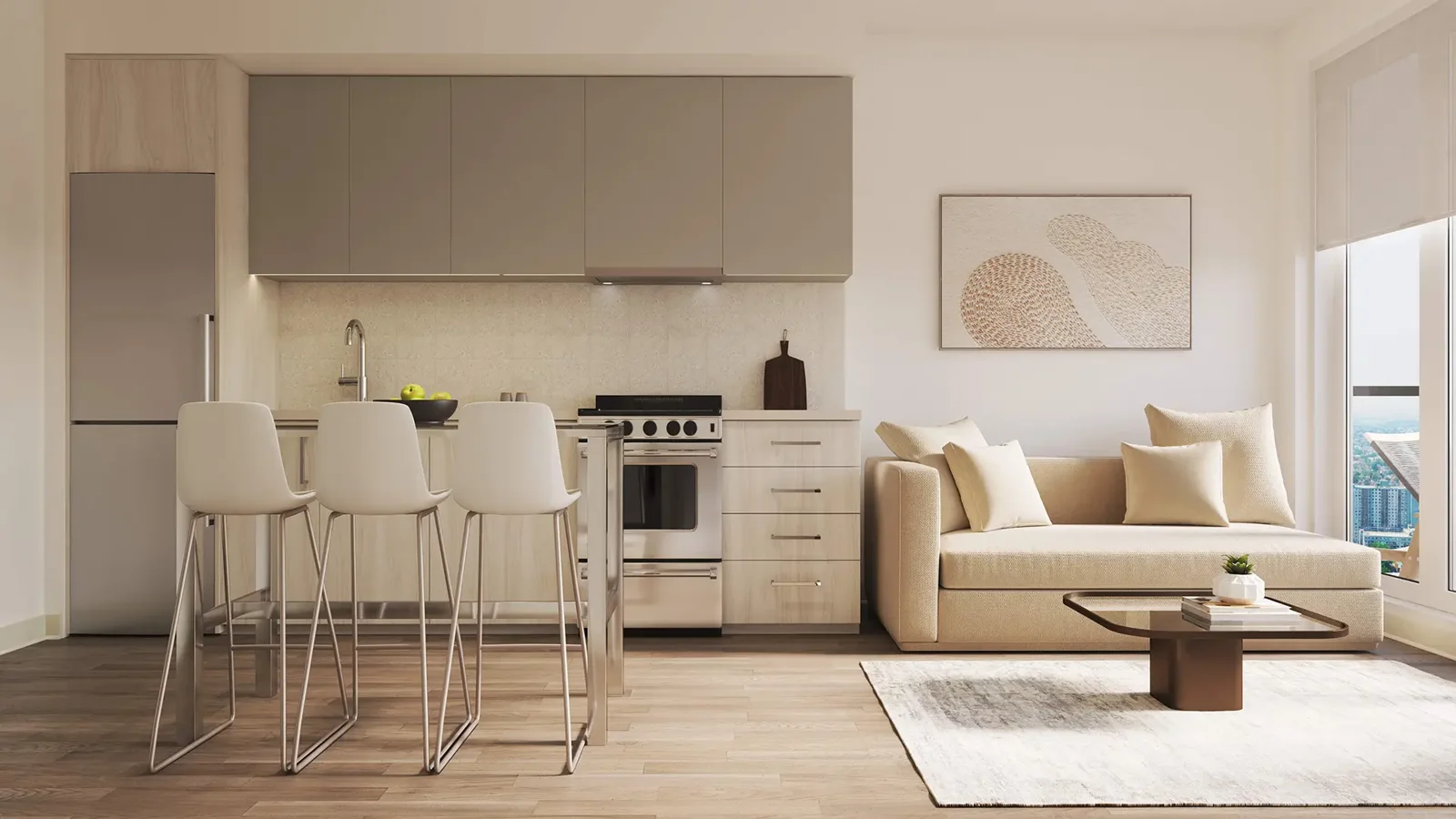 The Rebecca suite kitchen and living area rendering