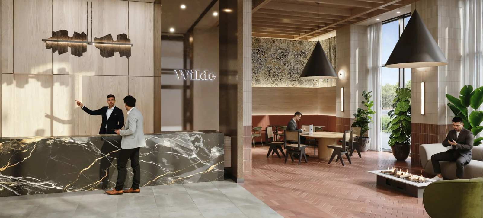 The Wilde lobby reception and seating rendering