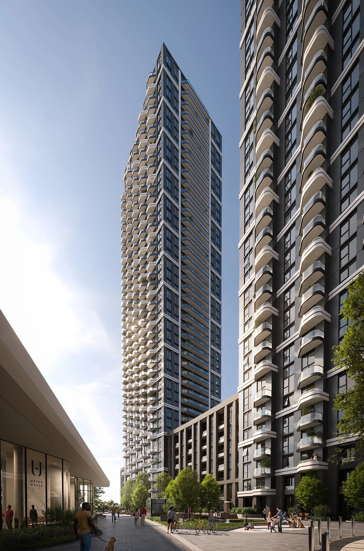 Union City condominium towers and landscaped ground level rendering