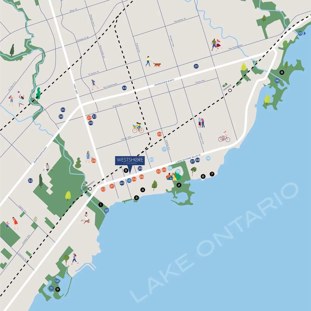 Westshore neighbourhood map showing local amenities and Lake Ontario in south Etobicoke