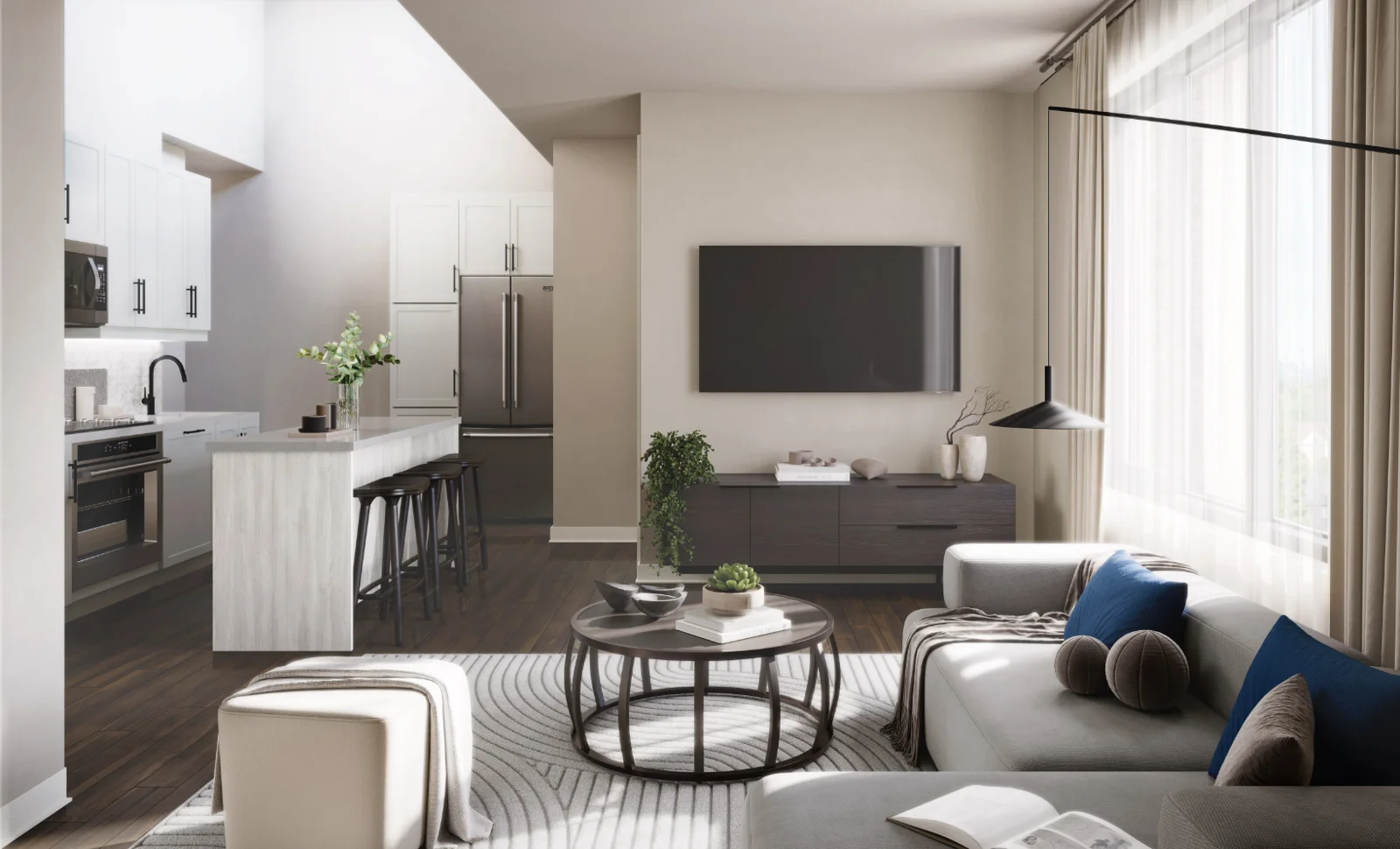 Westshore Sky Town living room and kitchen rendering