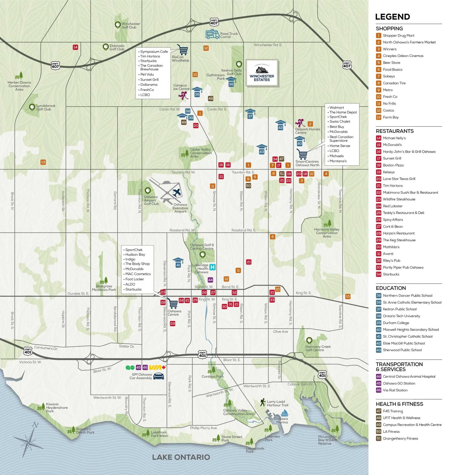 Winchester Estates area amenity map for north Oshawa